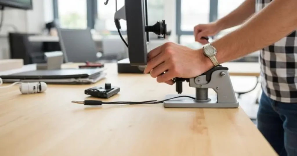 モニターアームのクランプ固定を確認しデスク天板の厚さをチェックしている在宅ワーク環境のイメージ