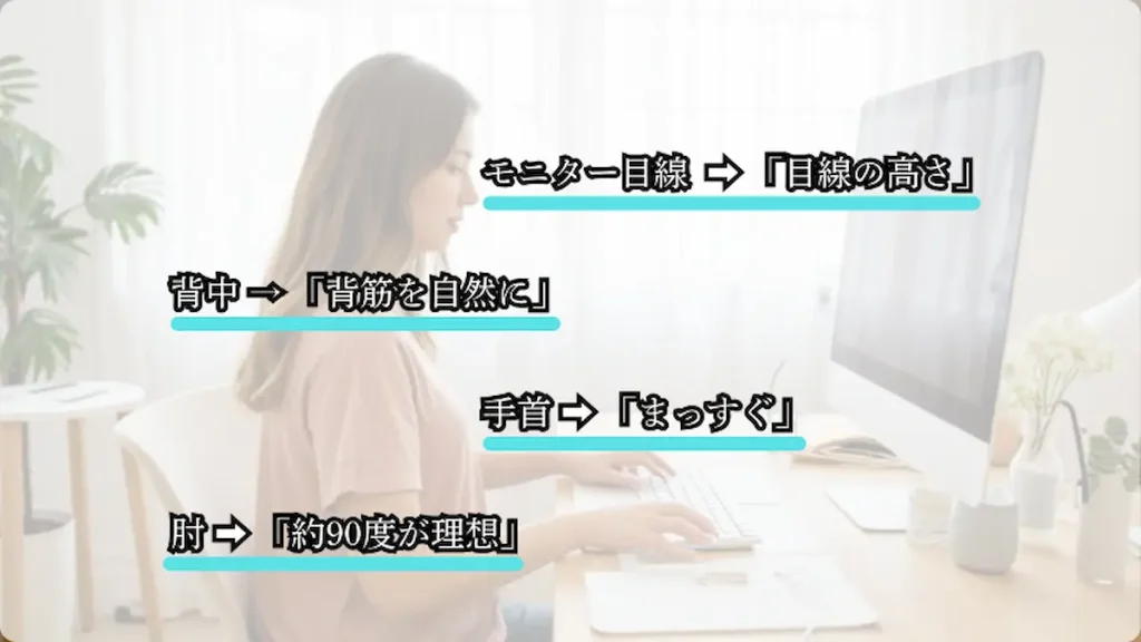 在宅ワークで疲れにくい正しいキーボード姿勢の図解(モニター目線の高さ・肘90度・手首まっすぐ・背筋を自然に保つ作業環境)