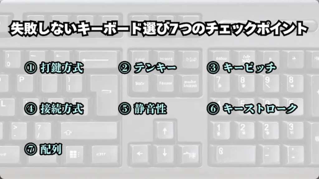 在宅ワーク向けキーボード選びで失敗しない7つのチェックポイント図解(打鍵方式・テンキー・接続方式・静音性など)