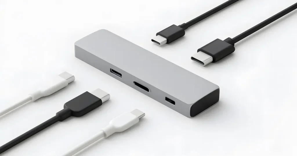 ノートPCにUSB-C直挿しで使えるSyntechミニUSBハブを接続している様子