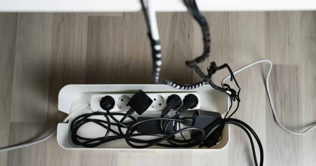 ケーブルボックスとケーブルトレーでデスク下の配線を隠した様子