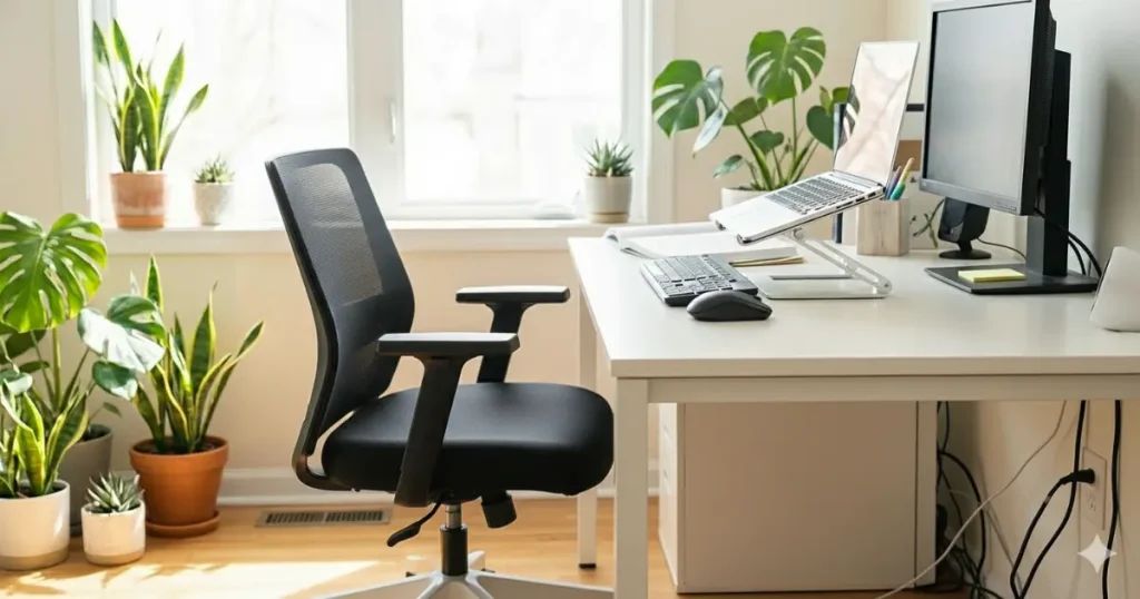 EPNの折りたたみ式ノートPCスタンドで高さと角度を調整して作業するデスク環境