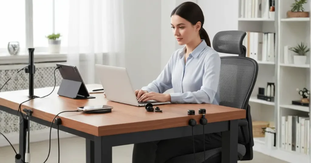 正しいデスク姿勢の黄金比(目線の高さ・肘角度・膝角度・足裏の接地)を示した姿勢ガイド図