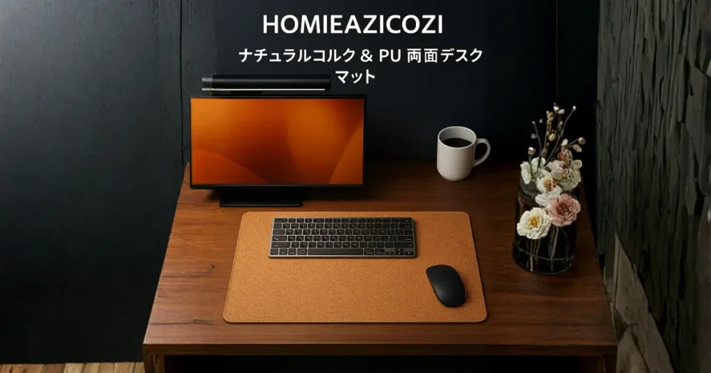 木製デスクに敷かれたHOMIEAZICOZIの両面デスクマット。コルク面にキーボードとマウスが置かれている作業風景