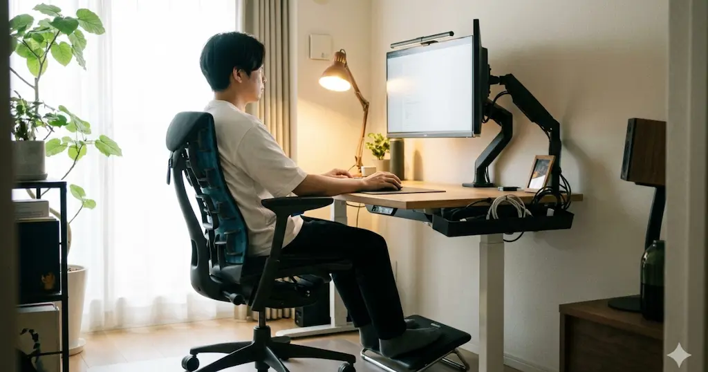 在宅ワーク環境を整えた理想的な作業姿勢と疲れにくいデスクセットアップの例