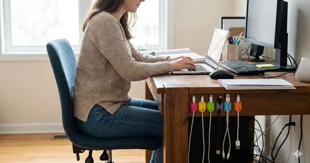 デスク高さと足の位置が骨盤の角度に影響することを示す姿勢比較イラスト