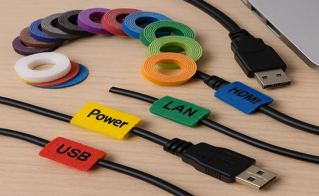 配線整理に便利なケーブル識別タグをケーブルに巻き付けて分類している様子