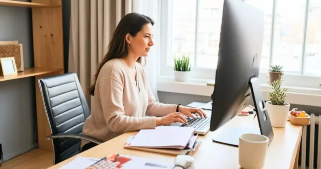 目の疲れを軽減するための正しいデスク環境の配置例(モニター高さ・距離・照明バランス)