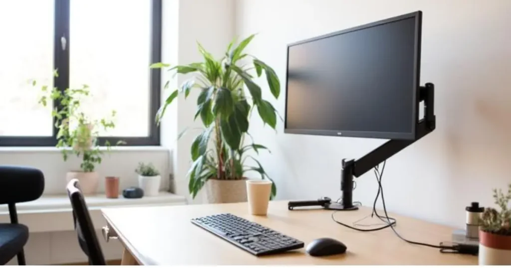 モニターアームで整理された在宅ワーク用デスク環境と広い作業スペースのイメージ