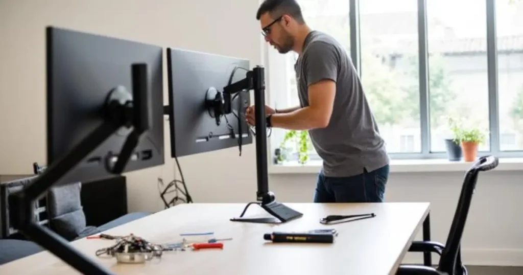 モニターアーム設置前にVESA規格や耐荷重を確認している在宅ワーク環境のイメージ