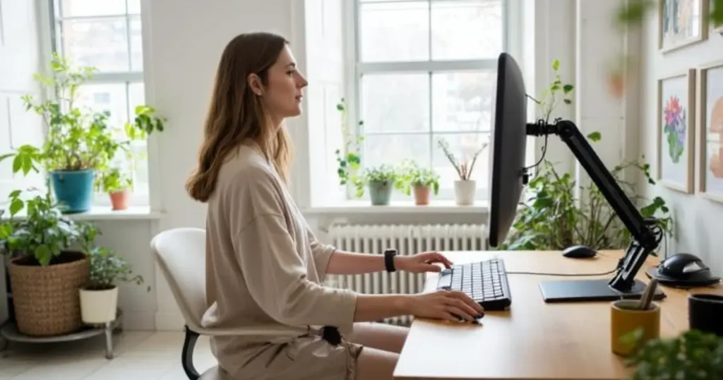 在宅ワークでモニターアームを使い目線の高さに調整されたデスク環境と正しい作業姿勢のイメージ