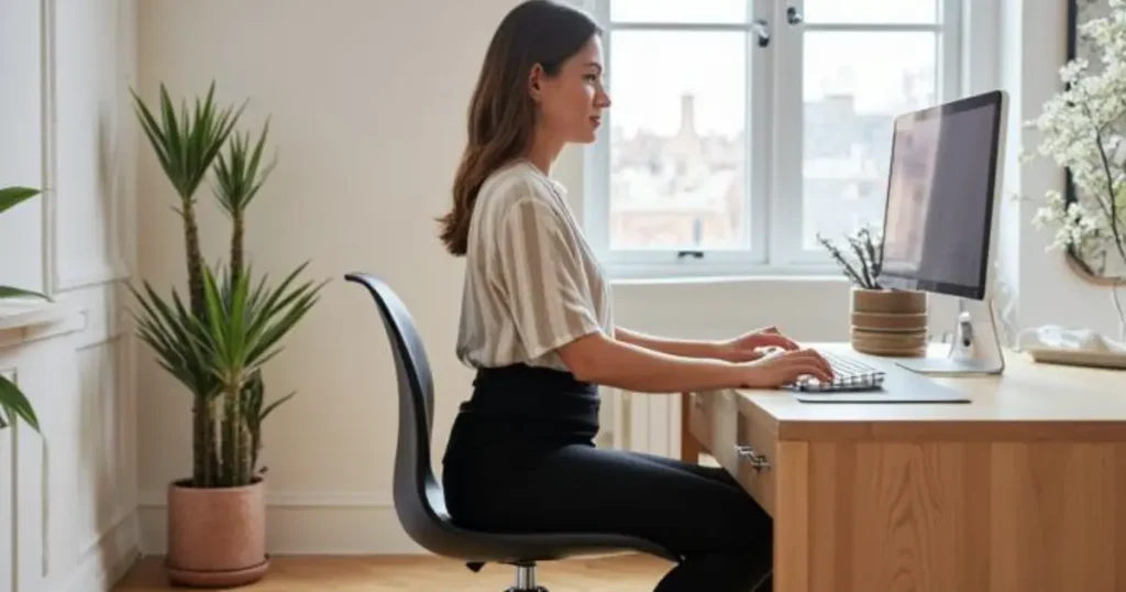 在宅ワークで疲れにくいモニターの高さと正しい姿勢のイメージ