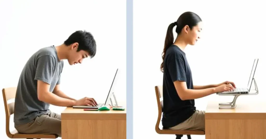 ノートパソコンスタンド使用前後の姿勢比較(猫背改善イメージ)