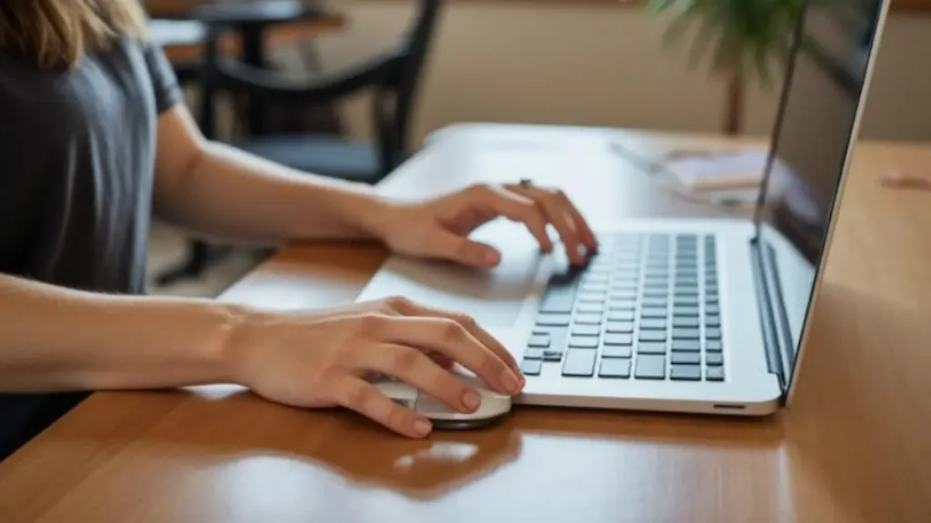 在宅ワーク環境のデスクでノートPCとワイヤレスマウスを操作する手元の様子(初心者向けマウスの選び方イメージ)